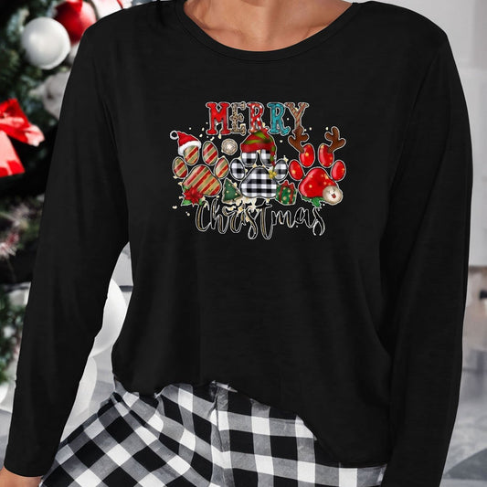  Christmas Lounge Top Women's Hat Paw Print Sleepwear Tee