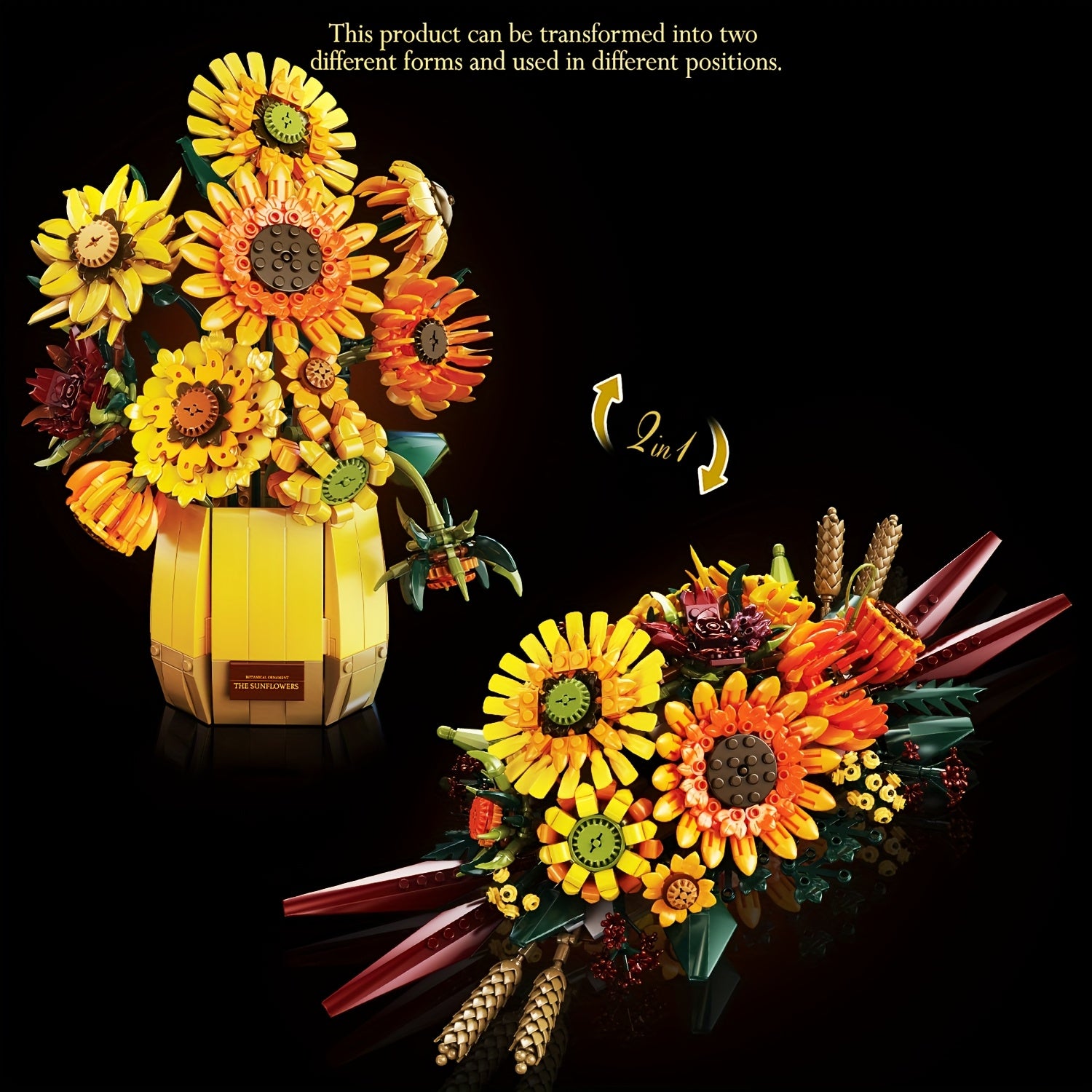 1328pcs Sunflower Building Block Bouquet Vase Model Toy Set