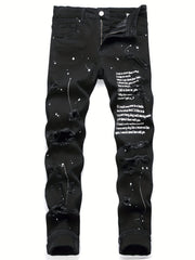 Patterned Ripped Straight Slim Fit Denim Jeans