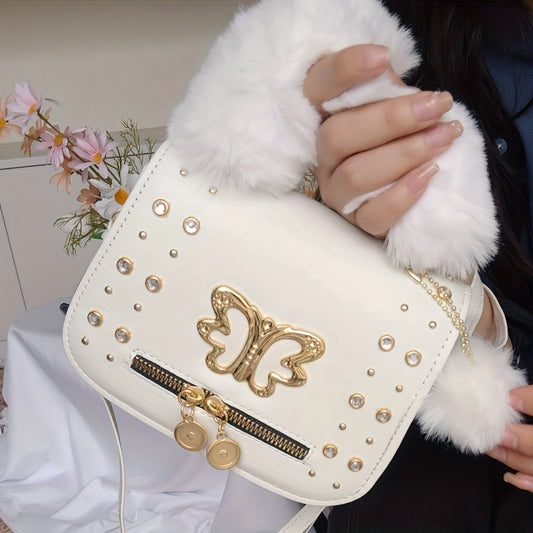 Rhinestone Butterfly Crossbody Bag Square Purse Plush Handle