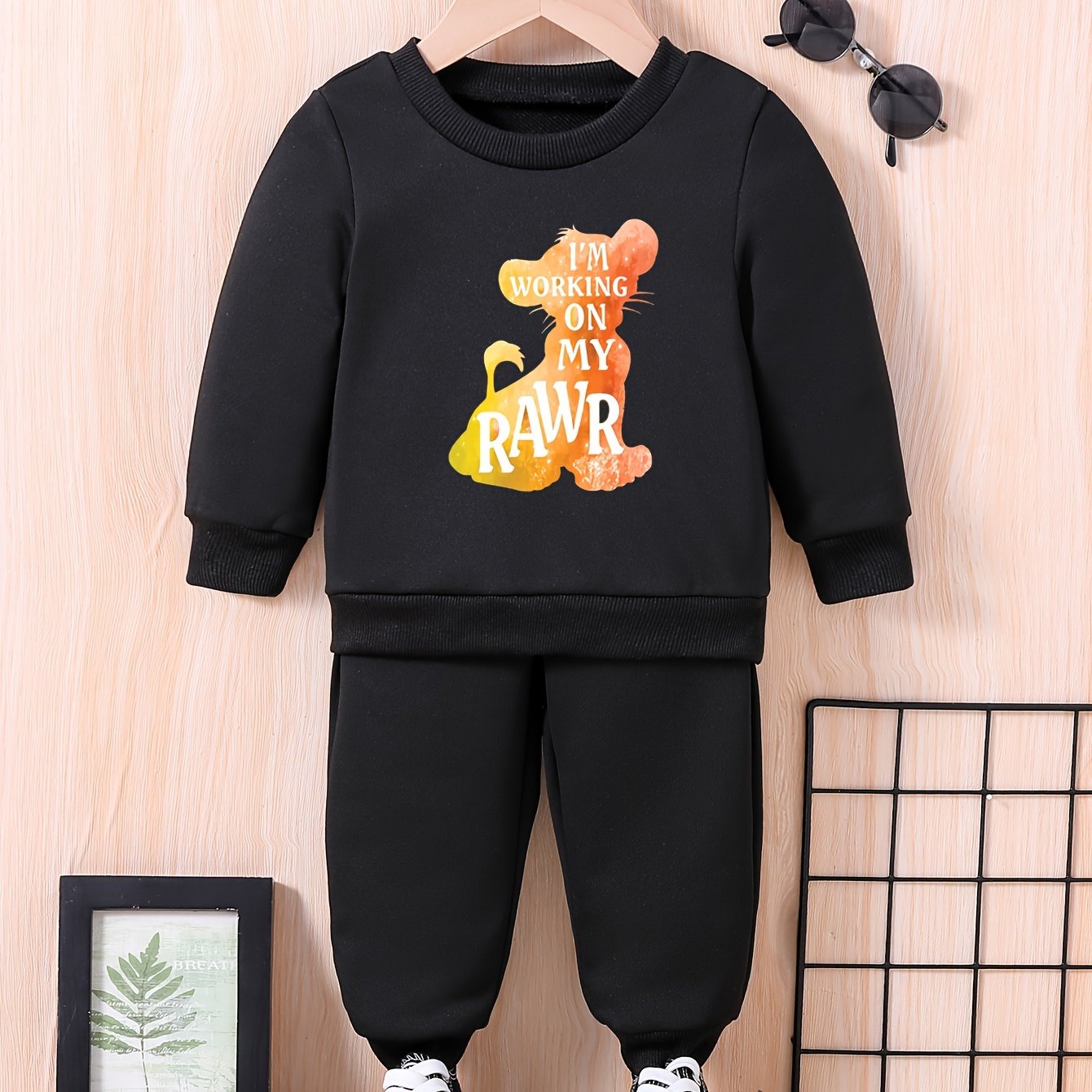 Baby Lion Print Long Sleeve Sweatshirt Trousers Set I'M ON MY RAWR