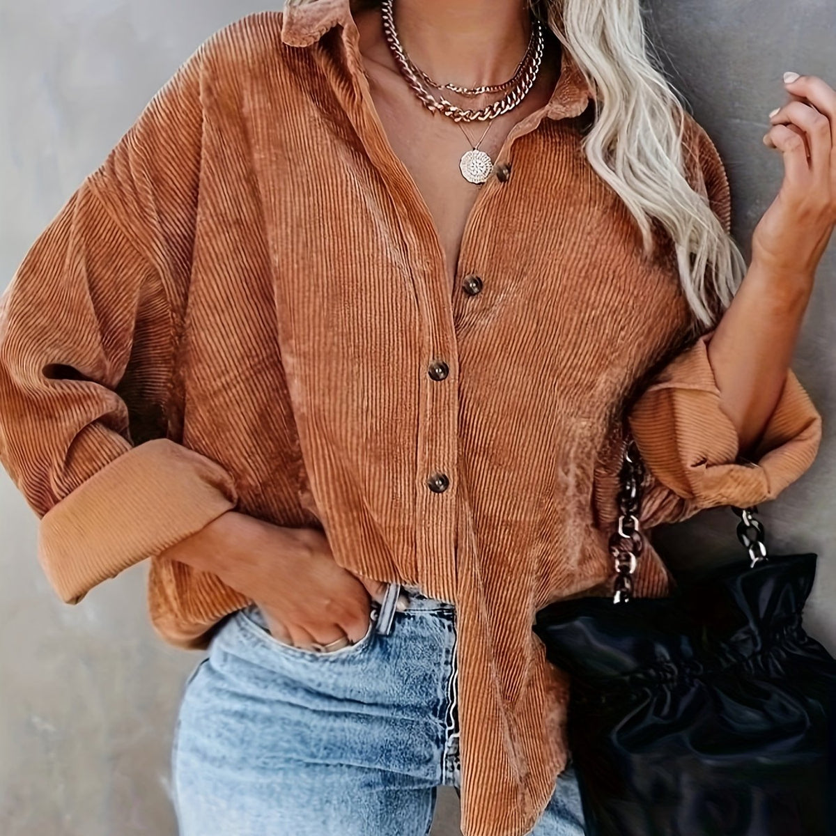  Corduroy Long Sleeve Button Up Collar Blouse