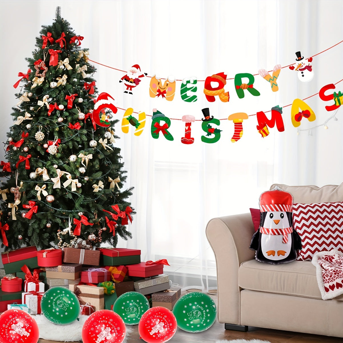 Christmas Letter Flags Mini Penguins Santa Claus Latex Balloons