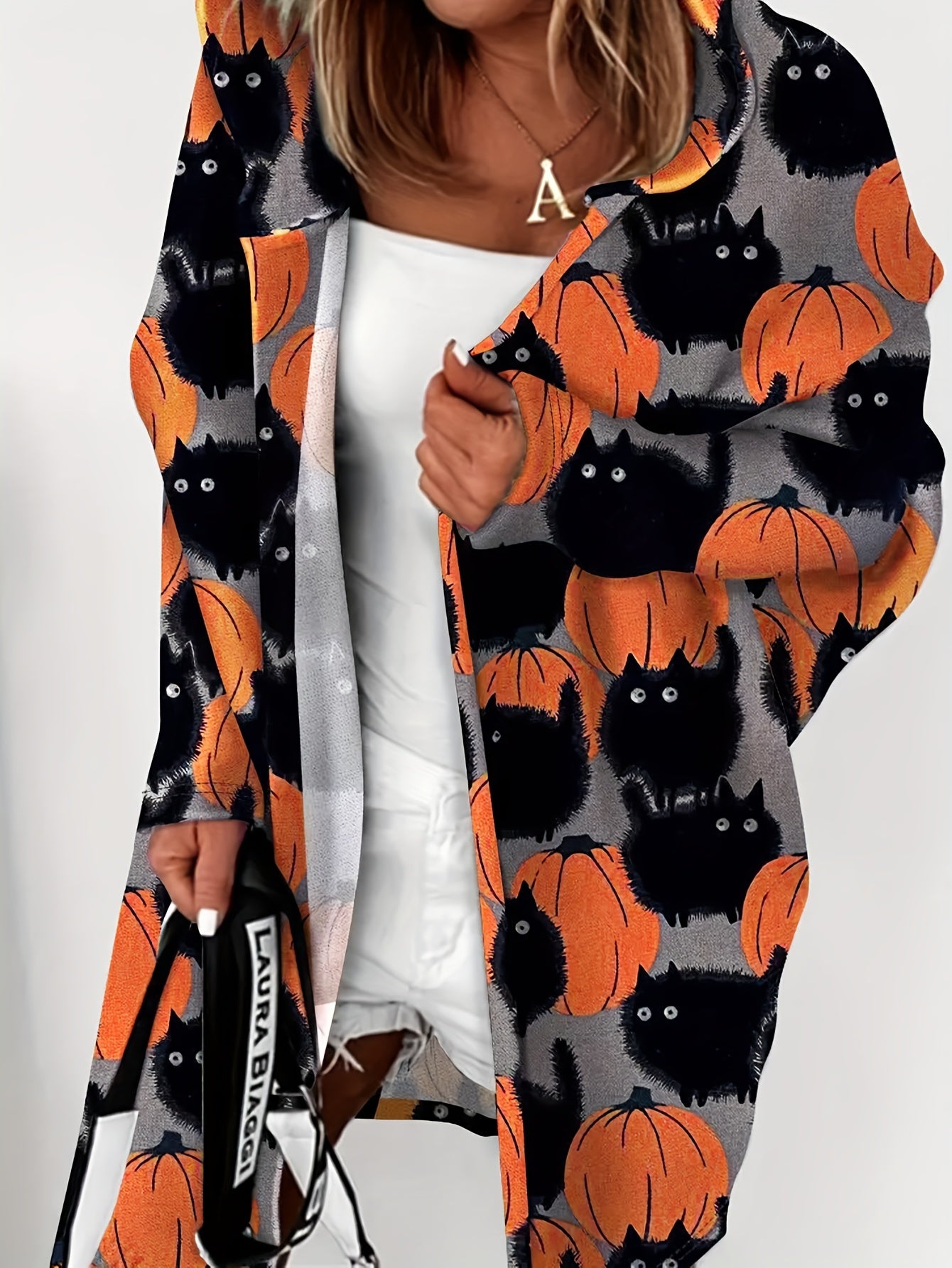  Halloween Cat Print Hooded Cardigan