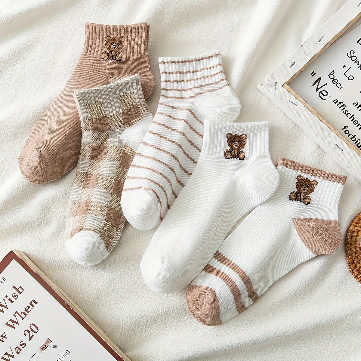 5 Pairs Teddy Bear Socks & Short Women's Stockings