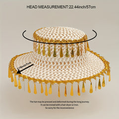 Boho Tassel Sun Hat Flat Top Crochet Straw Hat Mesh Beach Hats