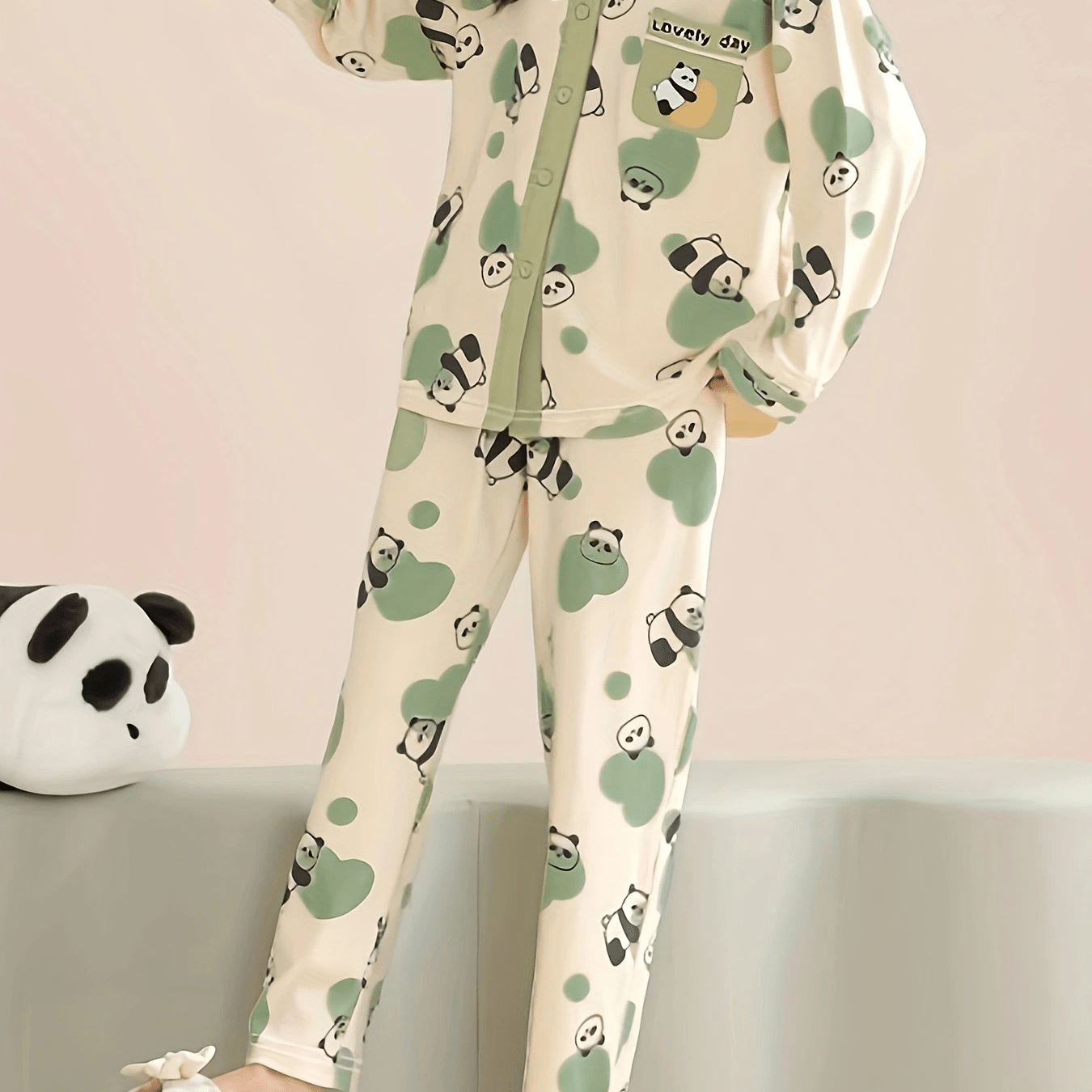 Panda Print Pajama Set Long Sleeve Top & Pants