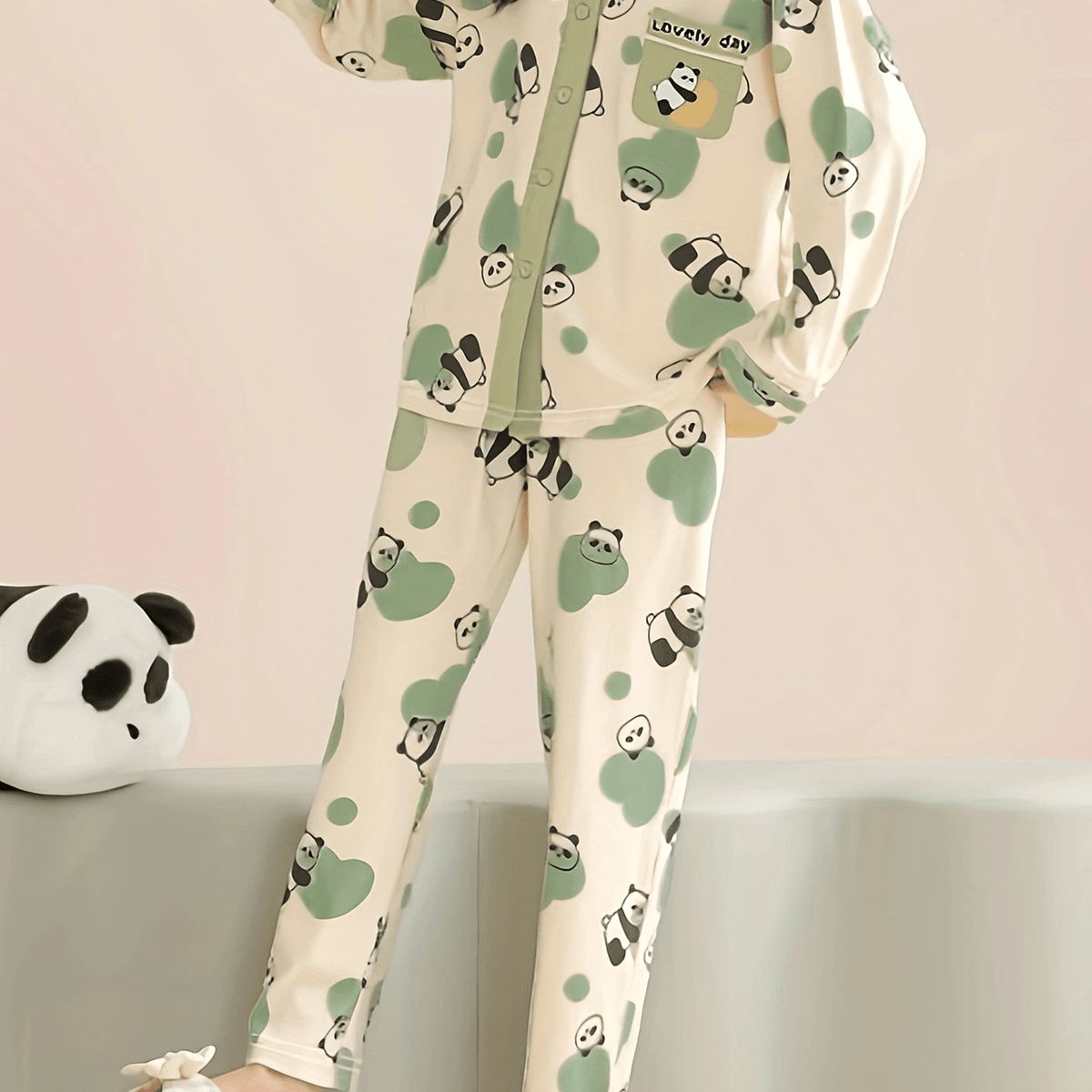 Panda Print Pajama Set Long Sleeve Top & Pants