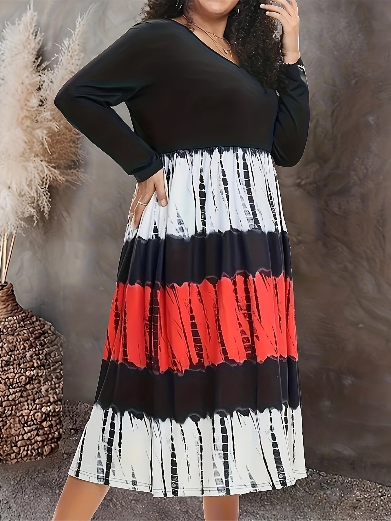  Colorblock Tie Dye V Neck Midi Dress