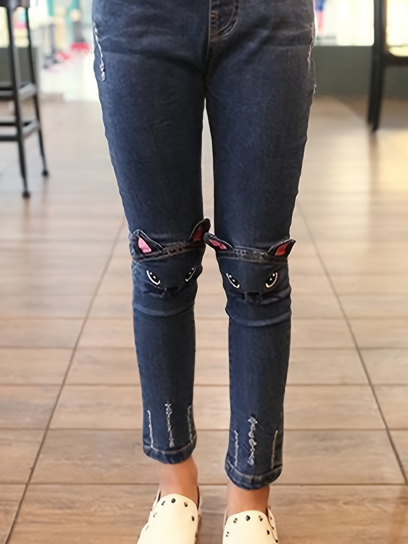 Boys Ripped Skinny Jeans Cat Design Tasseled Denim Pants