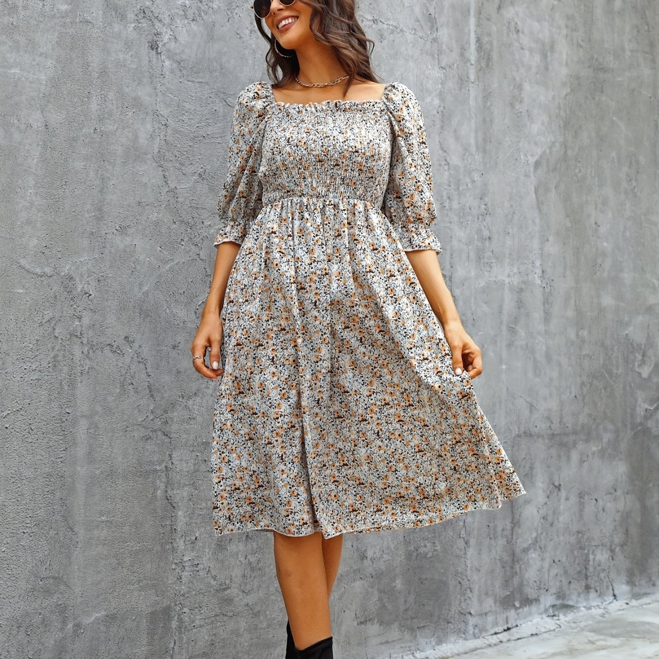 Floral Print Puff Sleeve Shirred Dress Square Neck - Resort Wear