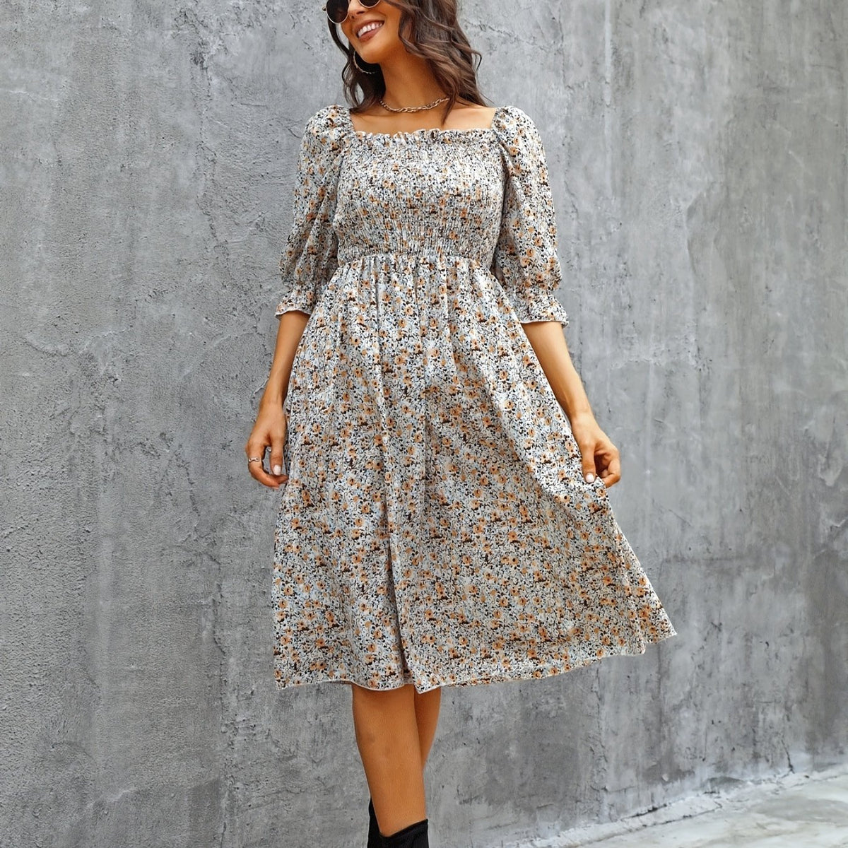 Floral Print Puff Sleeve Shirred Dress Square Neck - Resort Wear