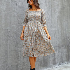Floral Print Puff Sleeve Shirred Dress Square Neck - Resort Wear