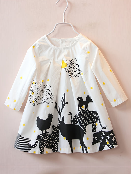 Girls' Farm Animal Cartoon Long Sleeve Cotton Dress