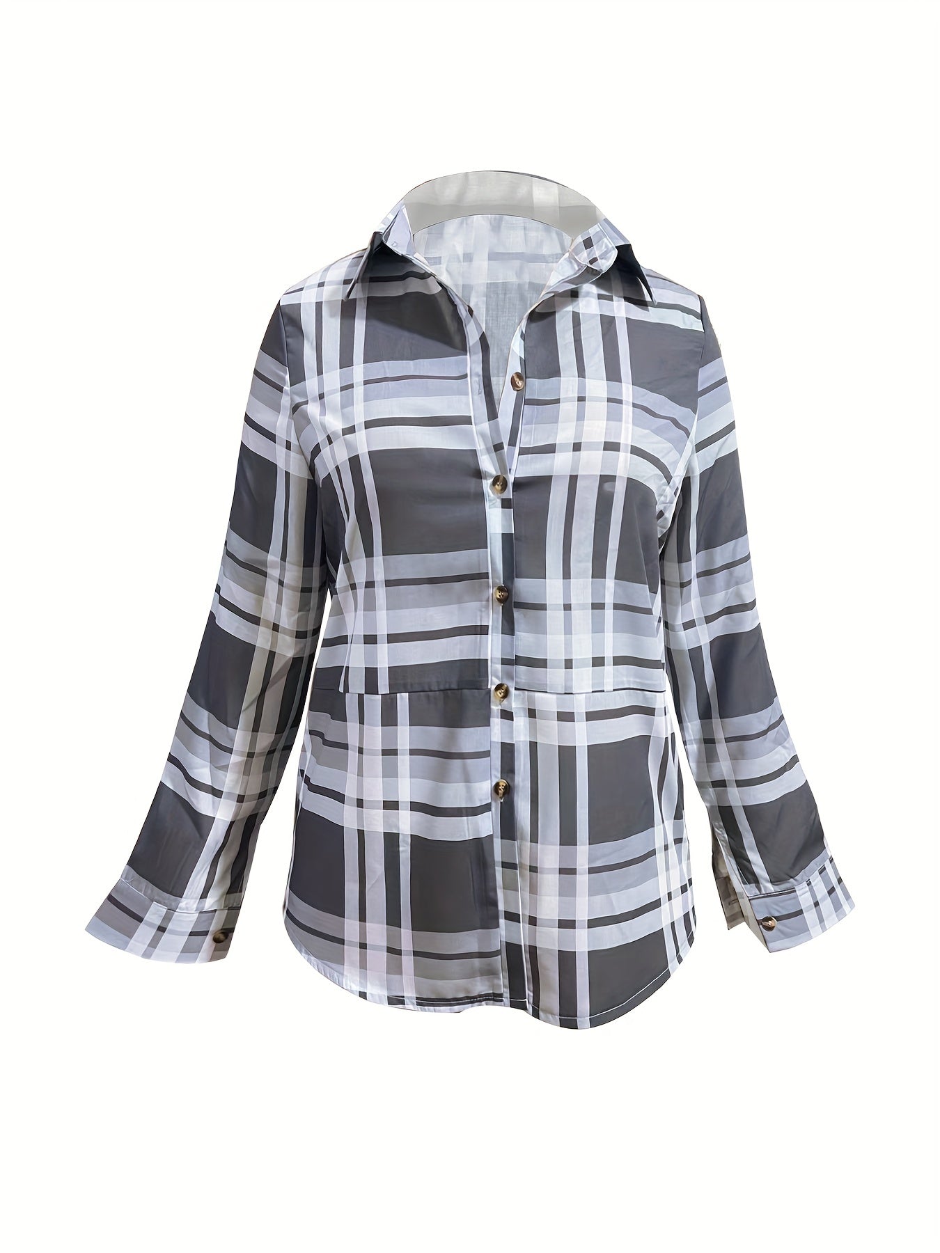  Plaid Print Button Up Long Sleeve Blouse