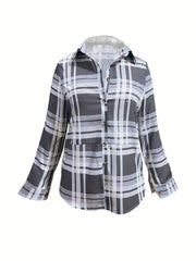  Plaid Print Button Up Long Sleeve Blouse