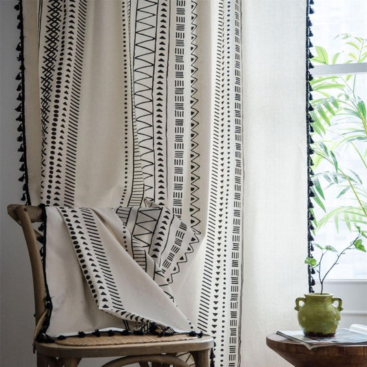 Geometric Print Semi Shading Curtains with Tassel Rod