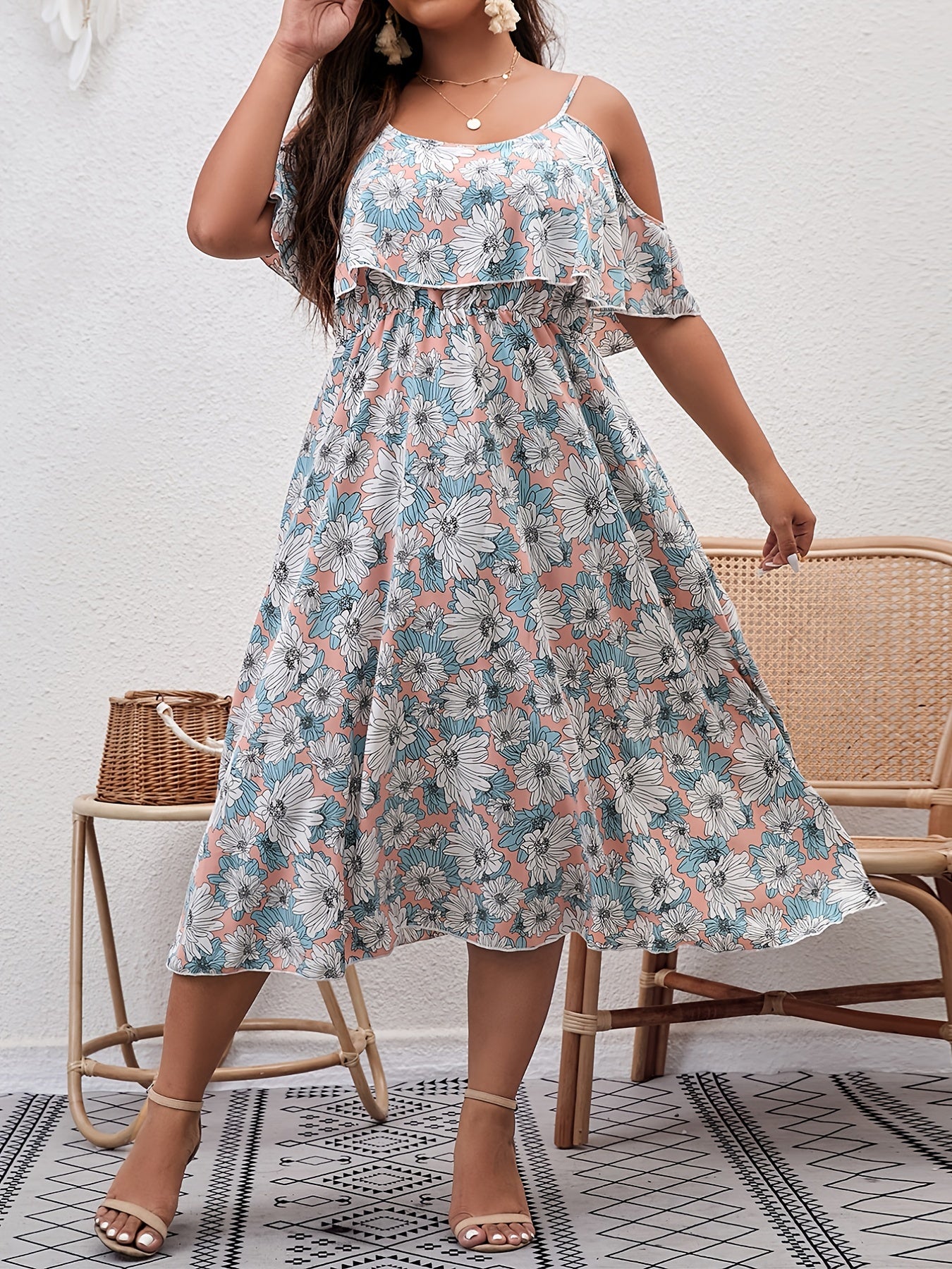 Floral Print Ruffle Trim Cold Shoulder Casual Dress