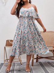 Floral Print Ruffle Trim Cold Shoulder Casual Dress