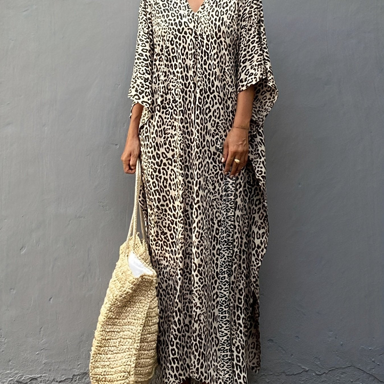 Leopard Print V Neck Split Thigh Kaftan Batwing Half Sleeve Kimono Cover Up