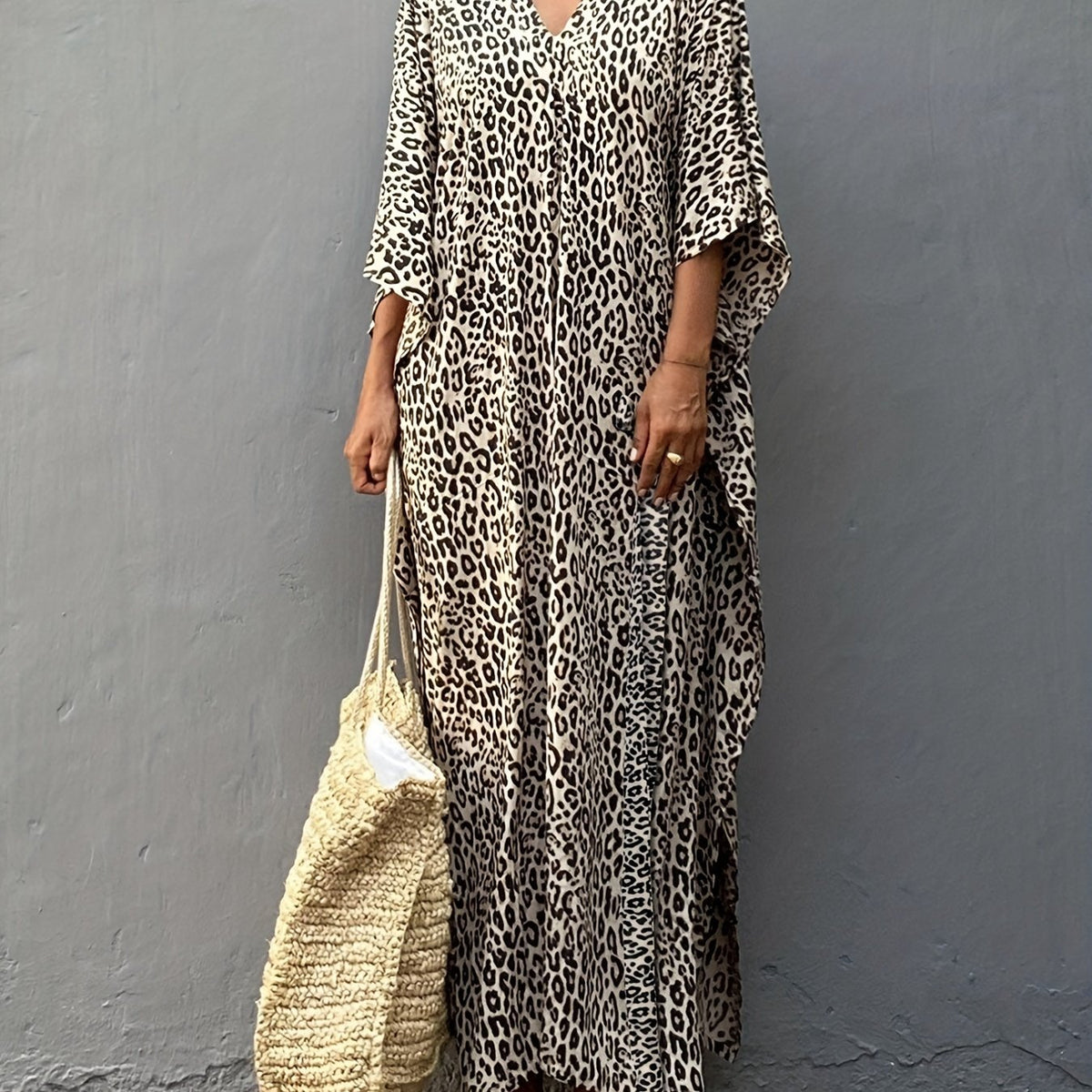 Leopard Print V Neck Split Thigh Kaftan Batwing Half Sleeve Kimono Cover Up