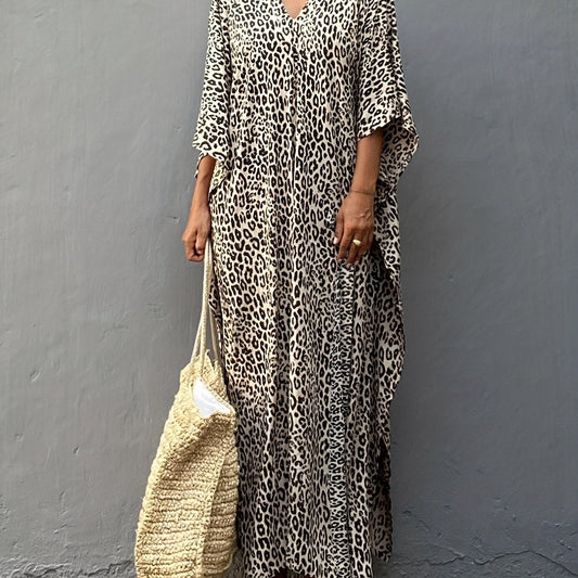 Leopard Print V Neck Split Thigh Kaftan Batwing Half Sleeve Kimono Cover Up