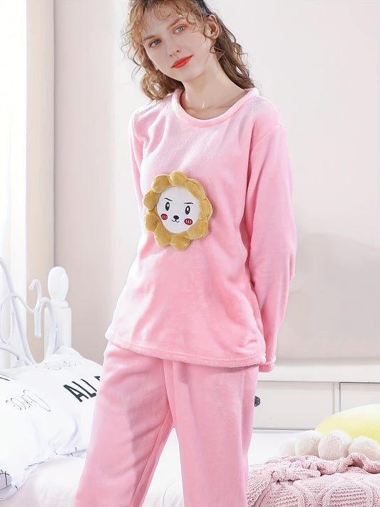 Girl's Flannel Pajamas Set Cartoon Graphic Top & Pants