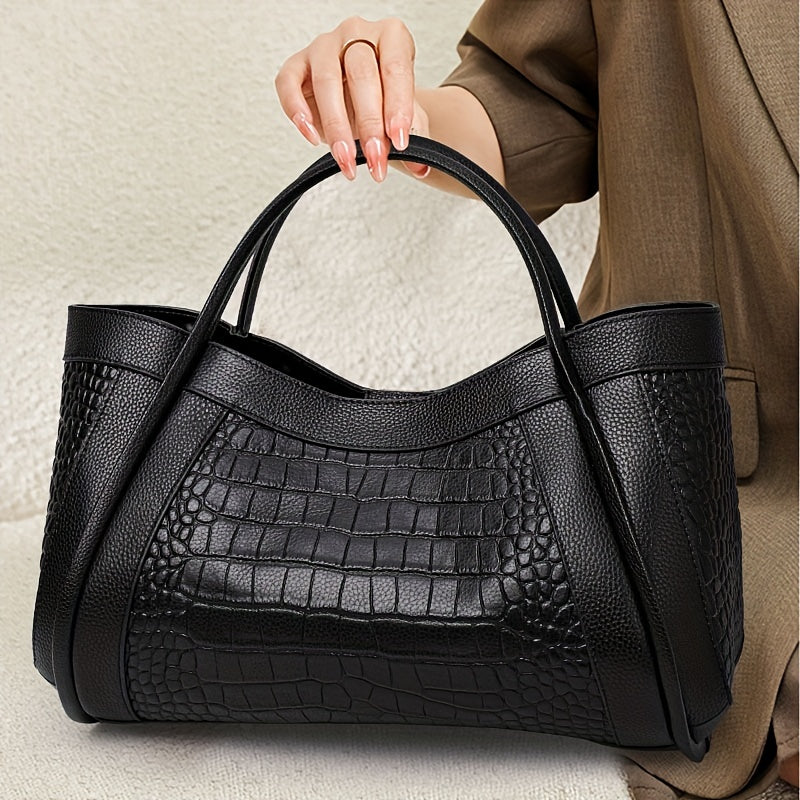 Crocodile Embossed Large Capacity Zipper Tote Bag