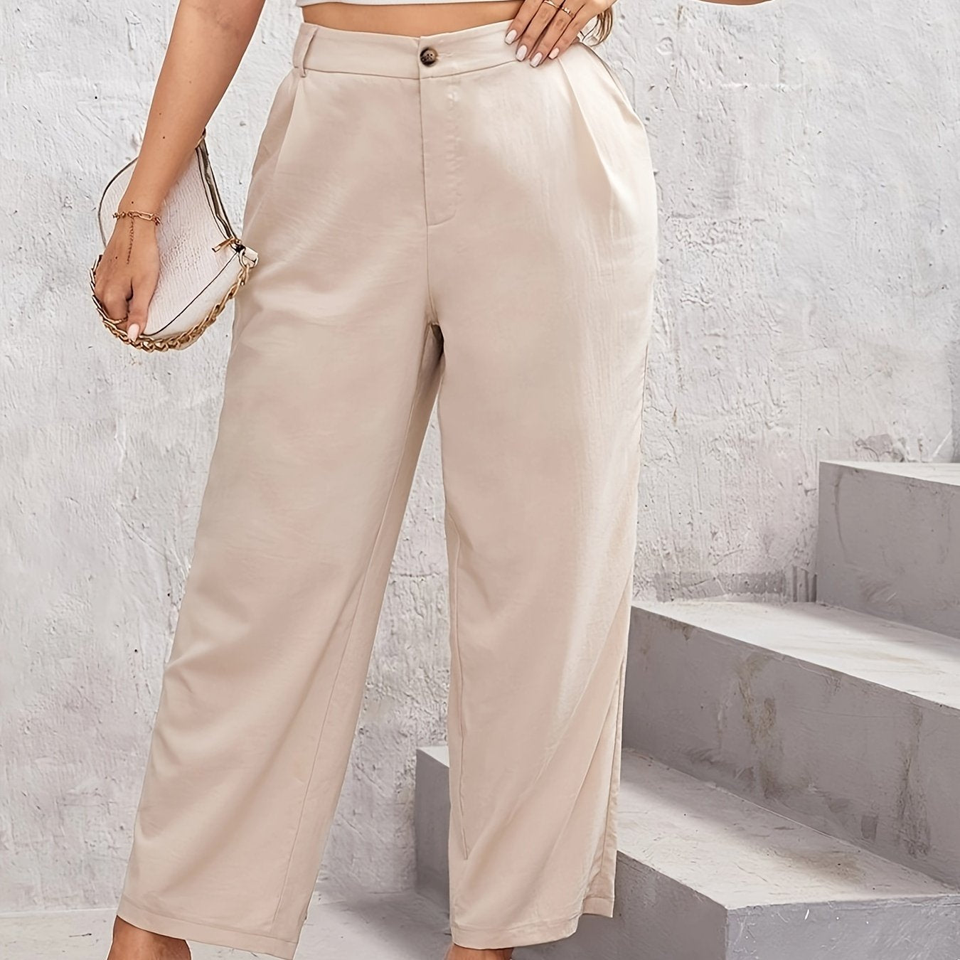 Women's Plus Solid Button Front Straight Leg Loose Trousers