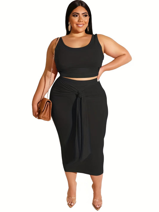  Solid Crop Tops & Pencil Skirt Set Women's Slight Stretch 2pcs Outfits