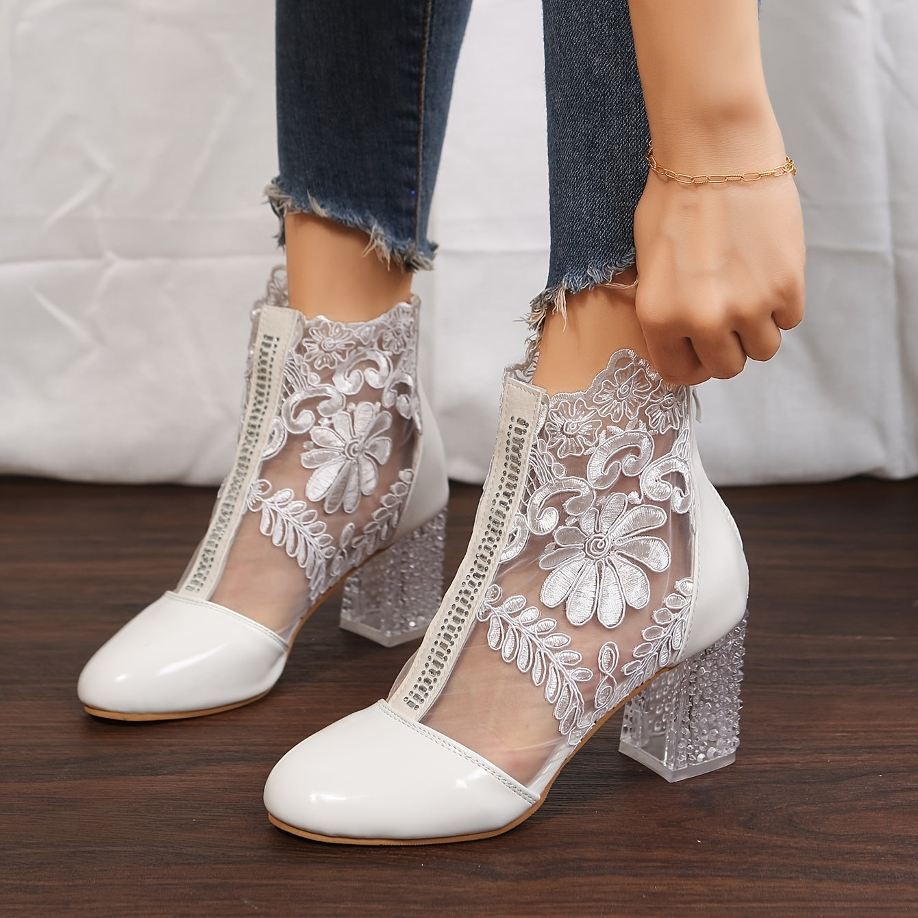 Floral Print Lace Ankle Boots High Heel Shoes