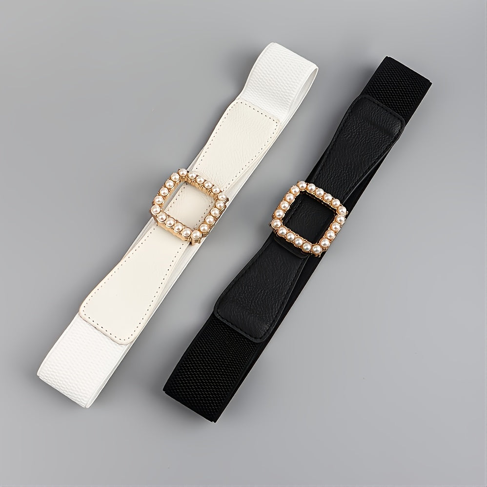 High Elasticity Ladies Square Buckle Pearl Belt With Dress