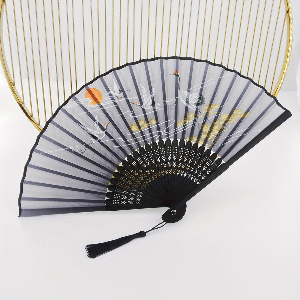 Chinese Style Crane Print Folding Fan Dance Props Women