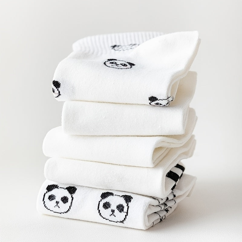 5 Pairs Women's Panda Print Cotton Ankle Socks