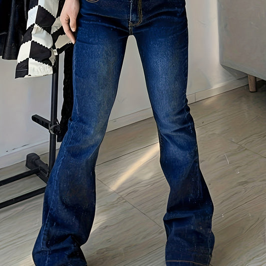 Baggy Flare Leg Jeans Plain Washed Casual Bootcut Denim