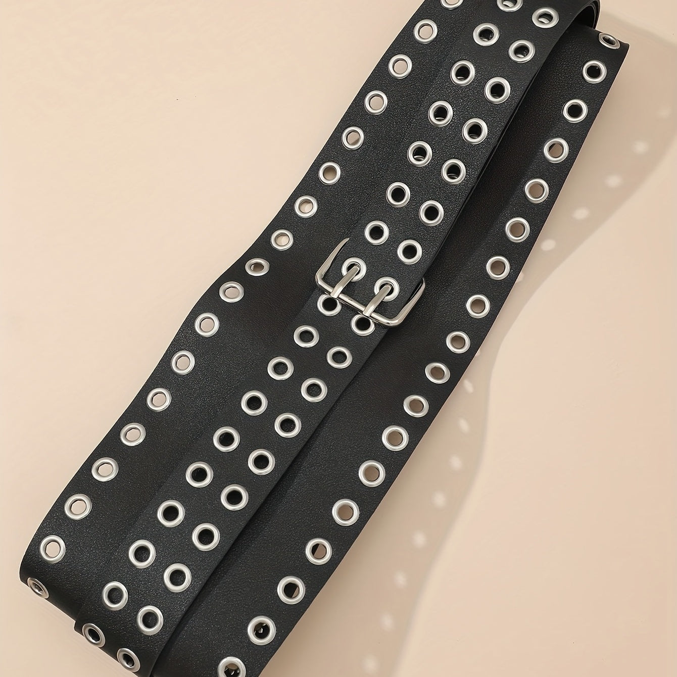 Punk Eyelet Wide Belt Double Pin Buckle Rivet PU Leather Waistband For Women