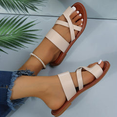 Women's Toe Loop Flat Slides Faux Leather Shoes Casual Summer Beach Slides