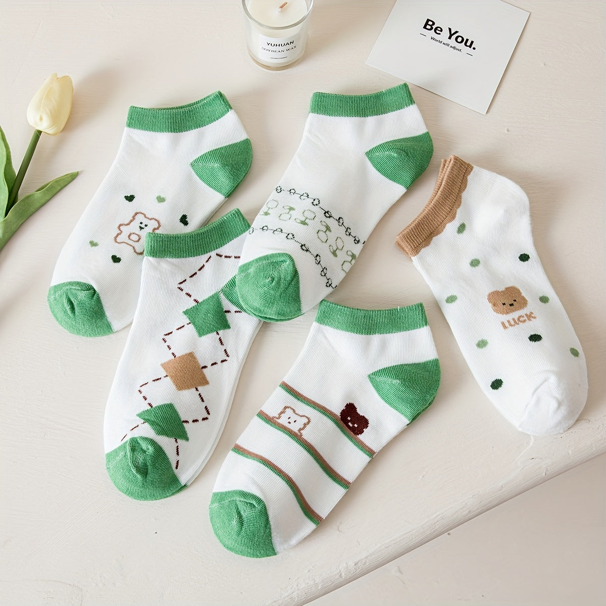 5 Pairs Bear & Plaid Print Socks Low Cut Crew Women's Stockings