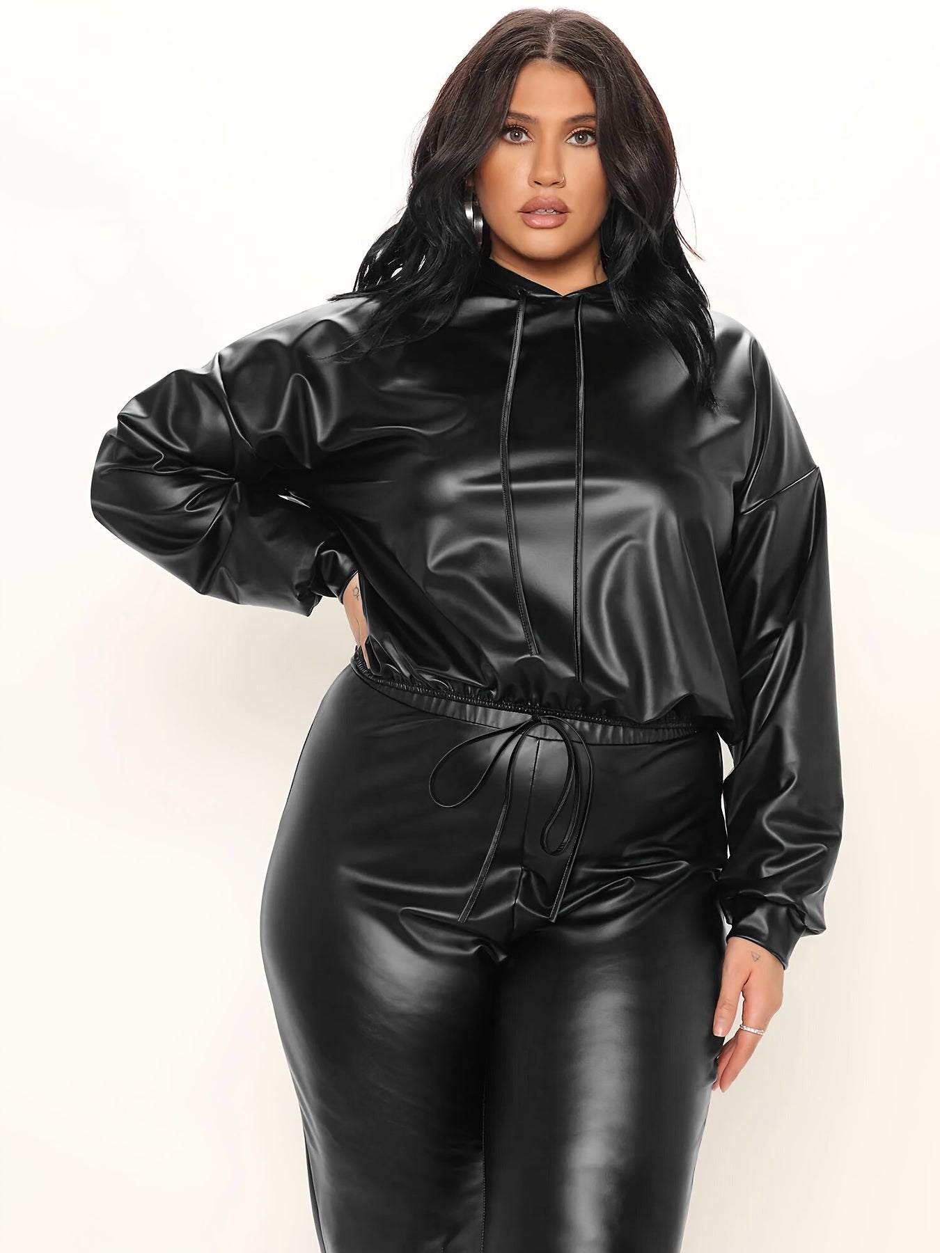 Plus Size Faux Leather Hoodie & Pants Set