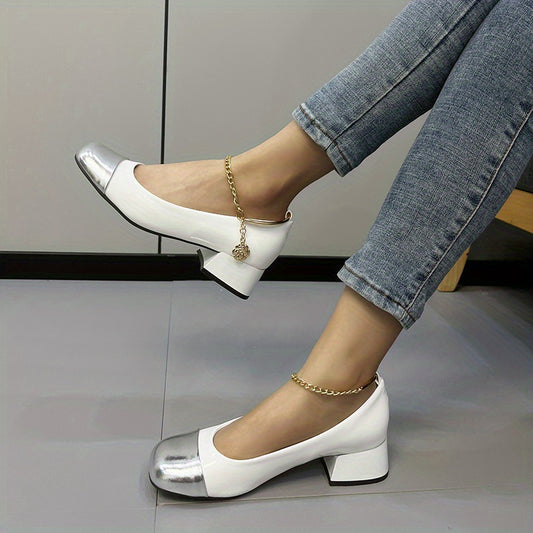 Women's Colorblock Chunky Low Heels Square Toe Chain Ankle Strap Shoes