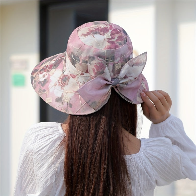 Flower Print Wide Brim Sun Hat UV Protection Beach Cap