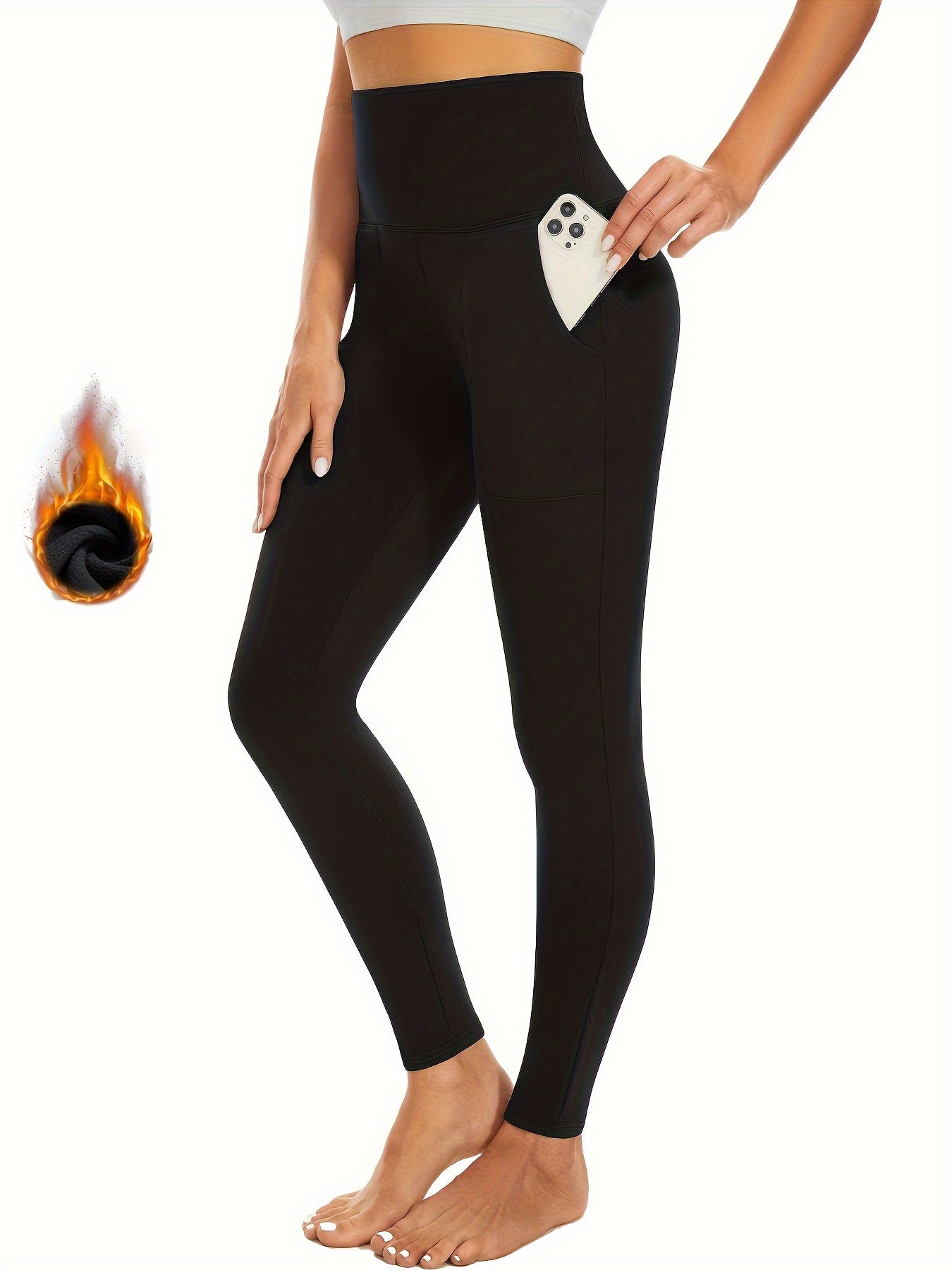 Women's Plush Lined Leggings With Pockets Thermal High Waist Yoga Pants