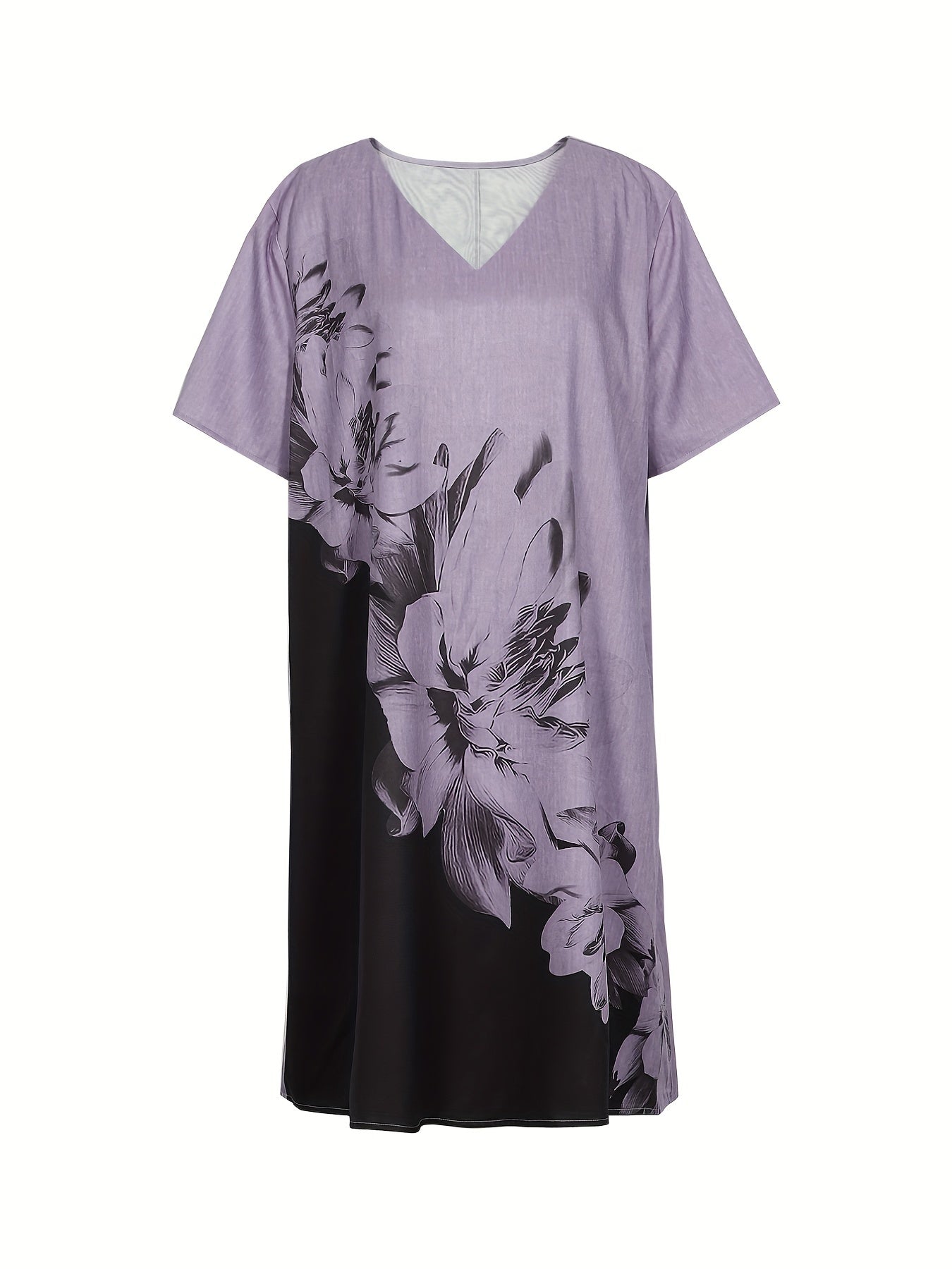  Colorblock Floral Print Short Sleeve V Neck Dress
