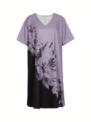  Colorblock Floral Print Short Sleeve V Neck Dress