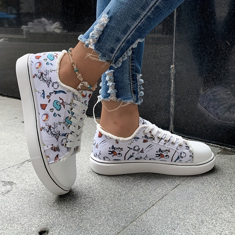 Women's Cartoon Canvas Lace Up Flat Shoes