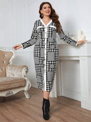 Women's Plaid Plus Size V Neck Dress Long Sleeve Button Detail Bodycon