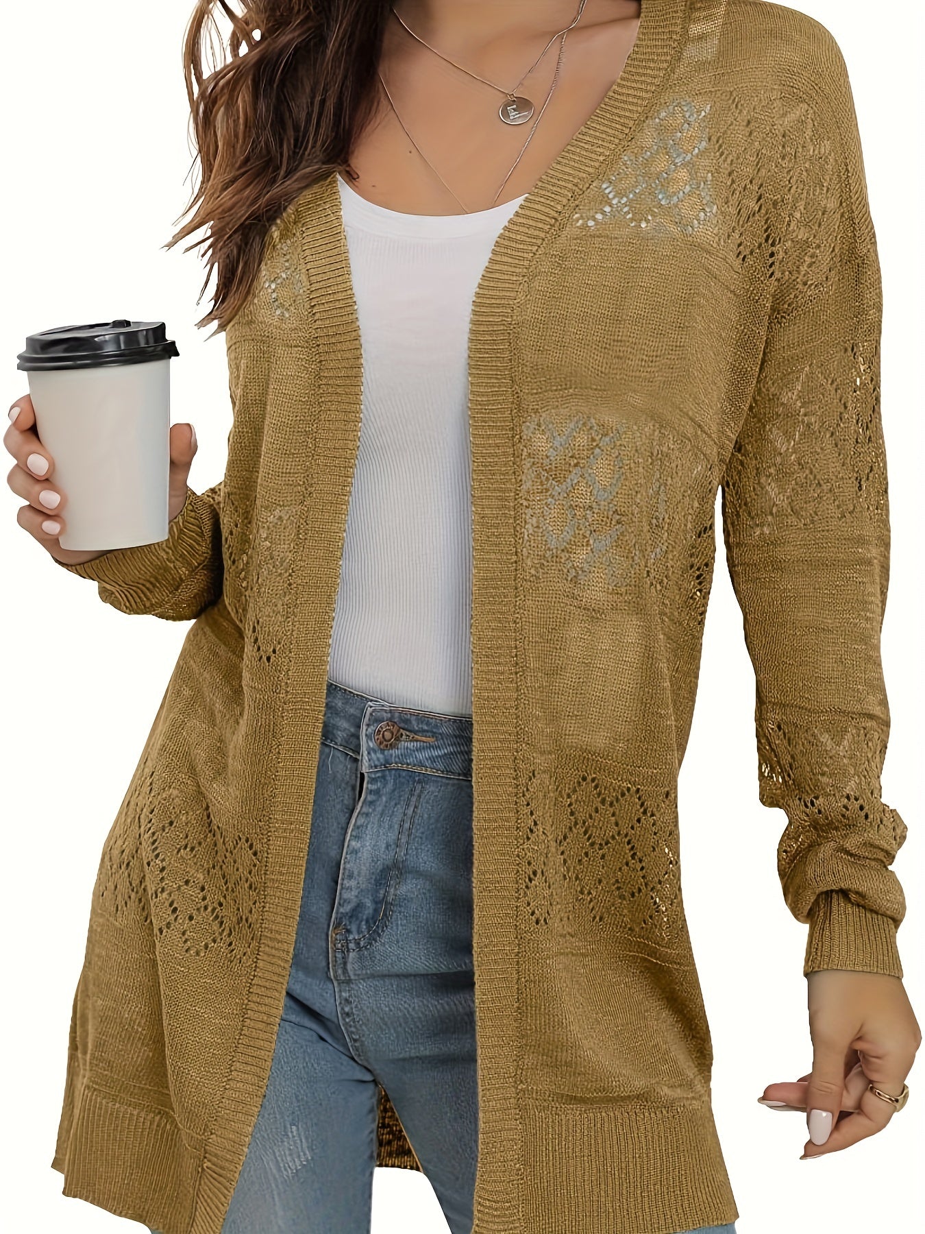  Casual Cardigan Women's Plus Eyelet Detail Lantern Sleeve Open Front