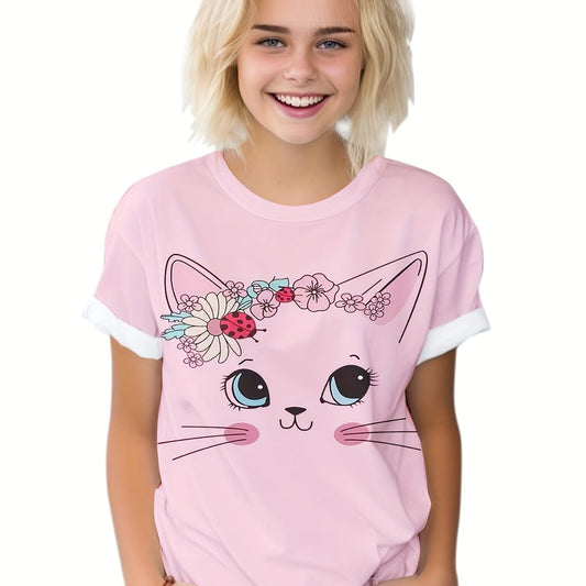 Kids Flower Kitty Graphic Short Sleeve T-shirt for Summer