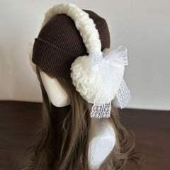 Winter Japanese Style Lace Bow Warm Headwear Fluffy Ear Muffs