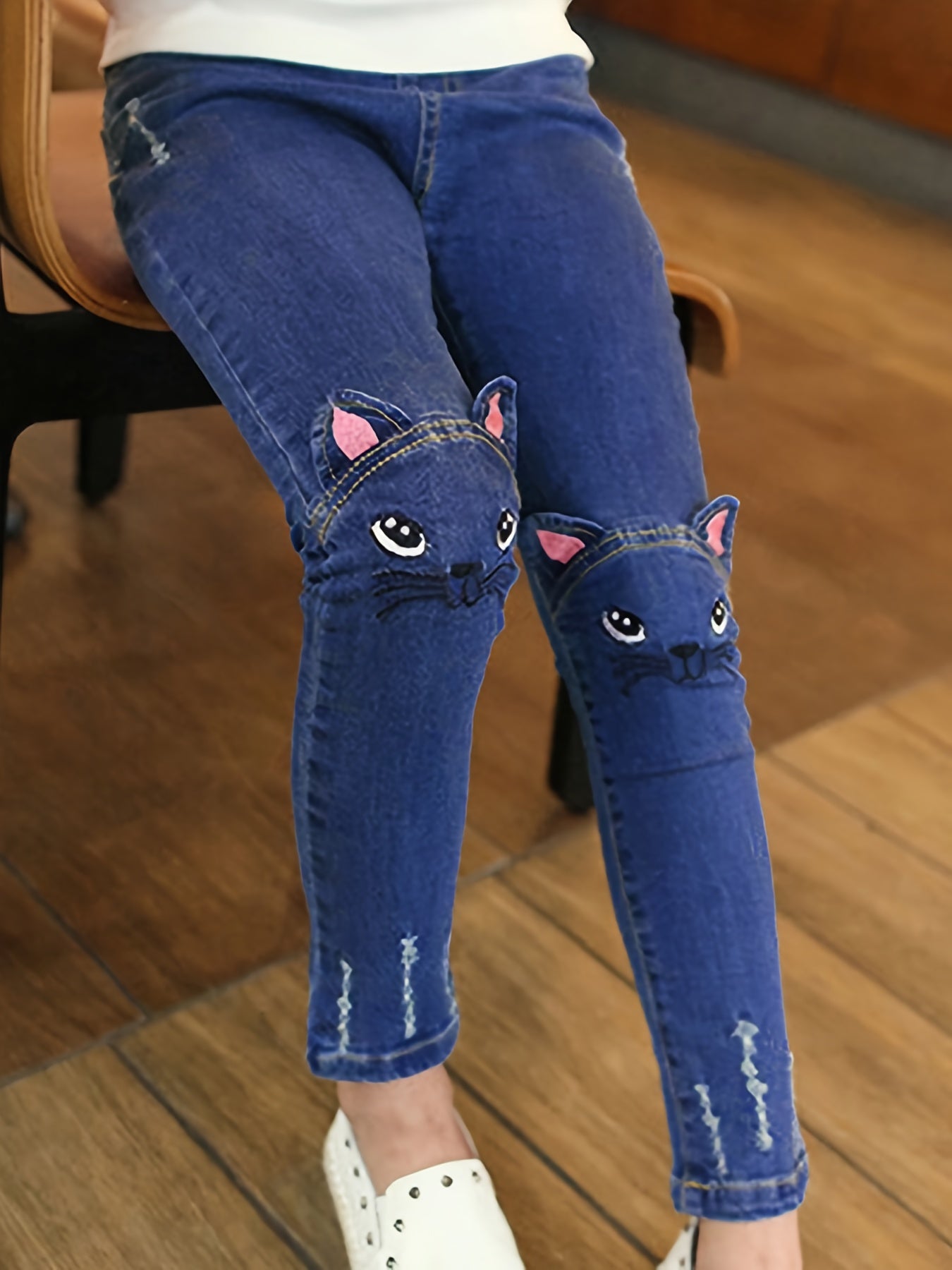 Boys Ripped Skinny Jeans Cat Design Tasseled Denim Pants